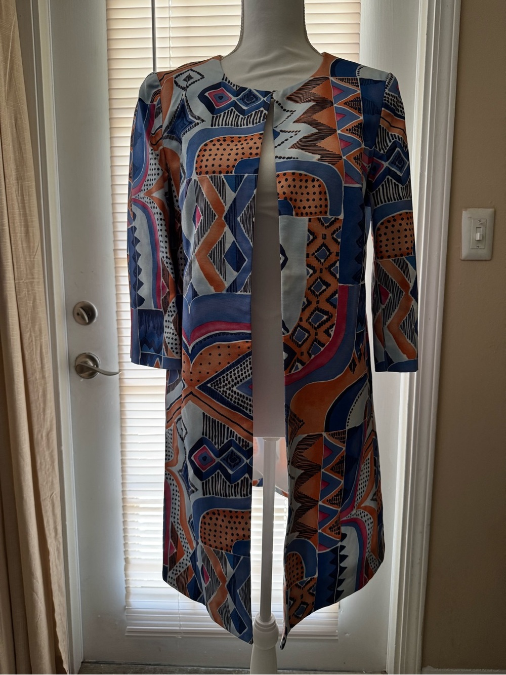 J. McLaughlin Geometric Print Longline Coat - Blue, Rust & Cream